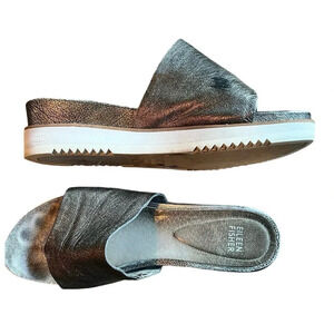 Eileen Fisher Touch platform metallic silver leather thong slide 9.5
